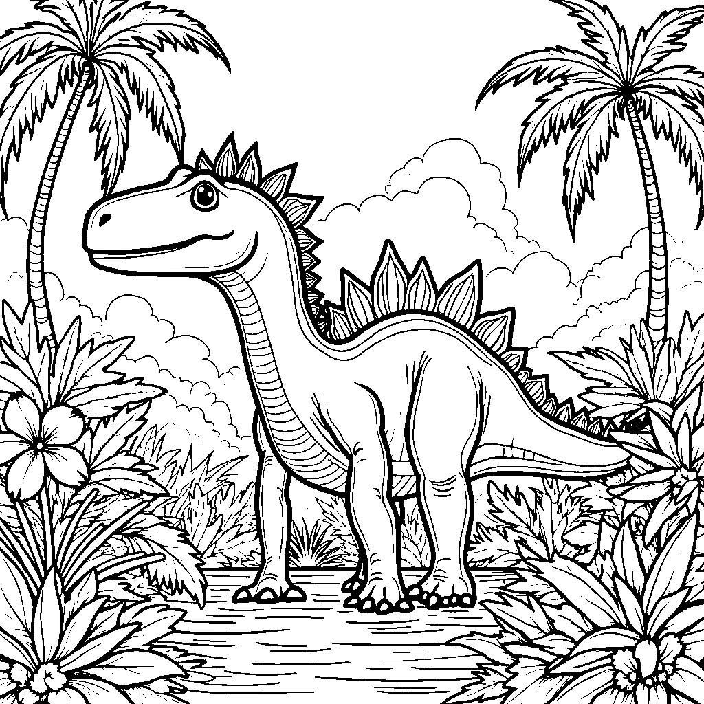 Spinosaurus surrounded by lush tropical plants