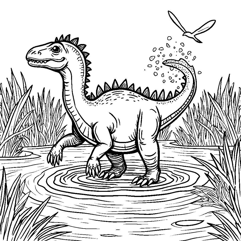 Spinosaurus trampling through a muddy swamp