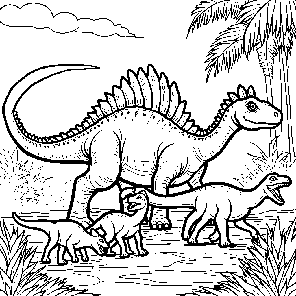 Spinosaurus walking alongside a group of smaller dinosaurs