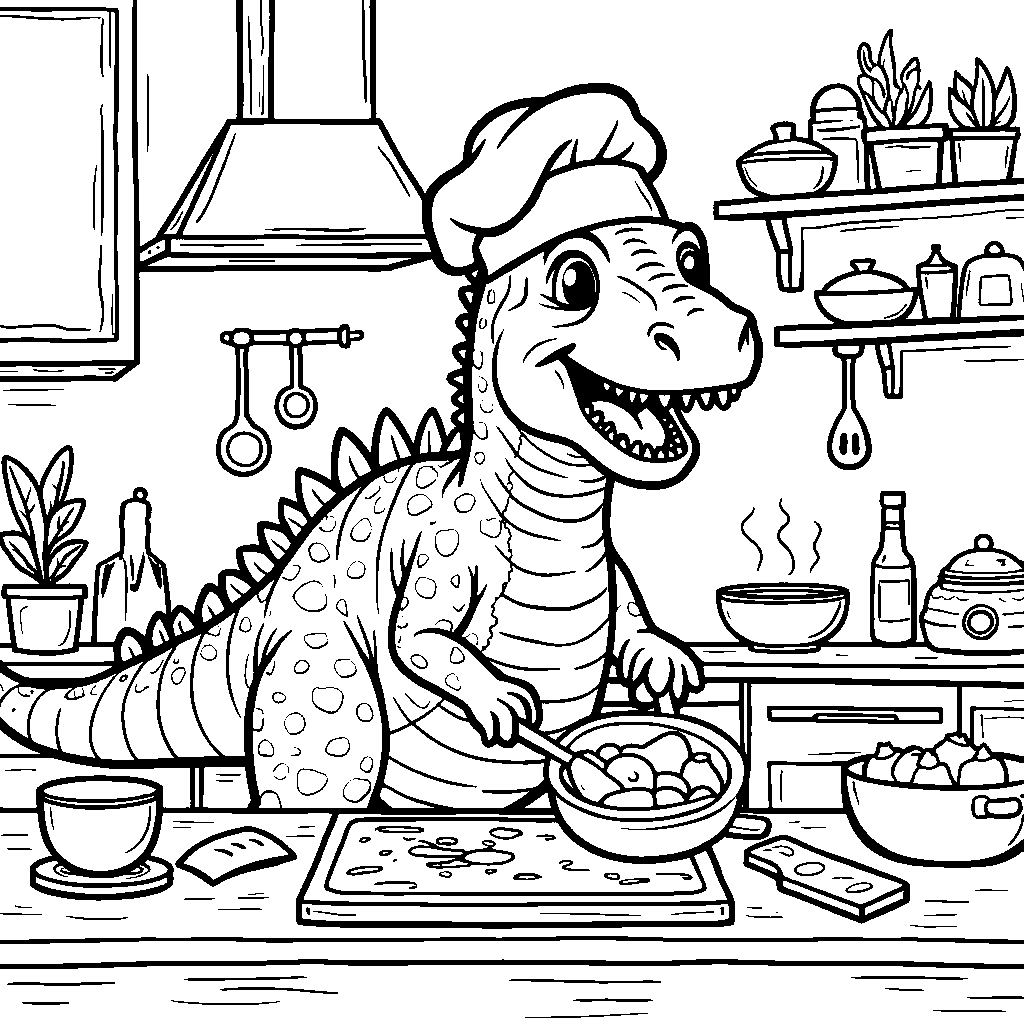 Spinosaurus wearing a chef hat while cooking in a colorful kitchen