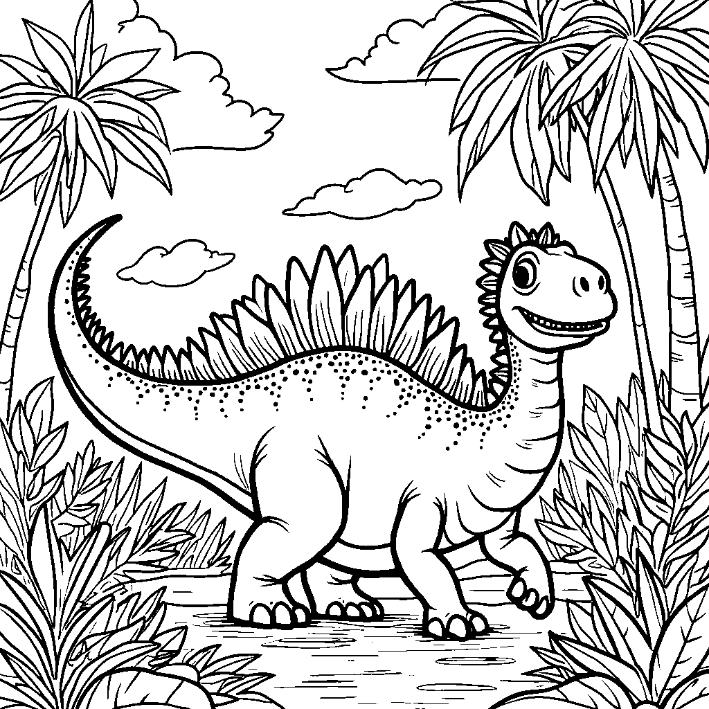 Spinosaurus with a friendly smile in a children's book illustration