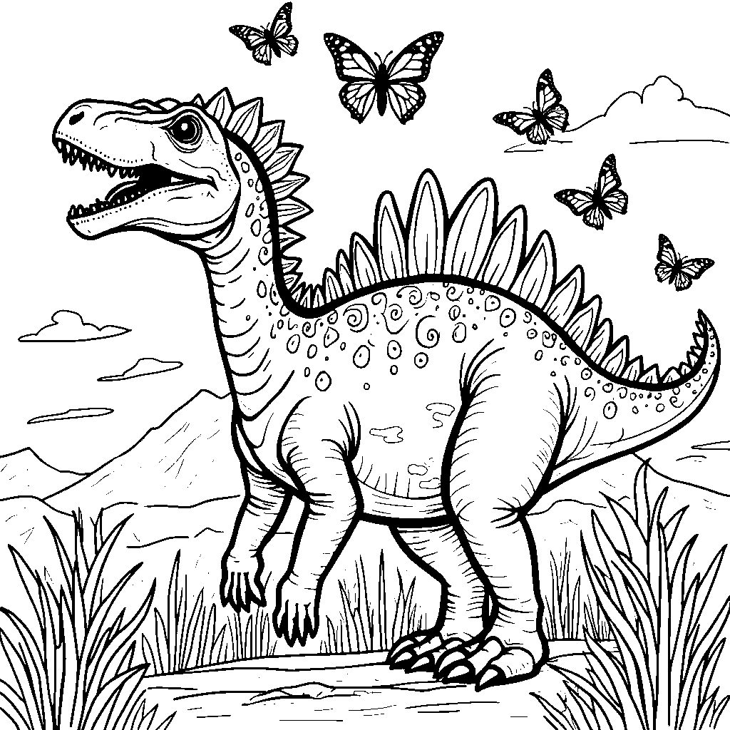 Spinosaurus with butterflies flying around its head