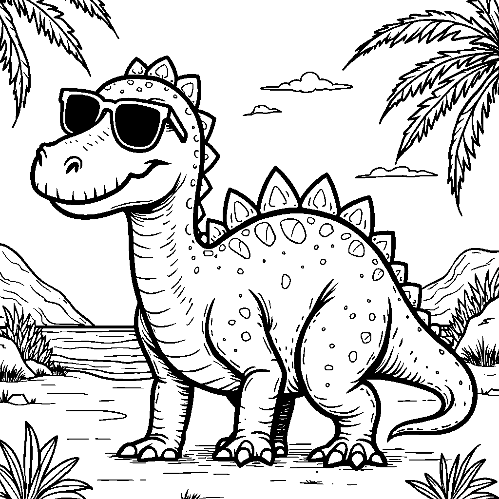 Spinosaurus with funny sunglasses on a sunny beach