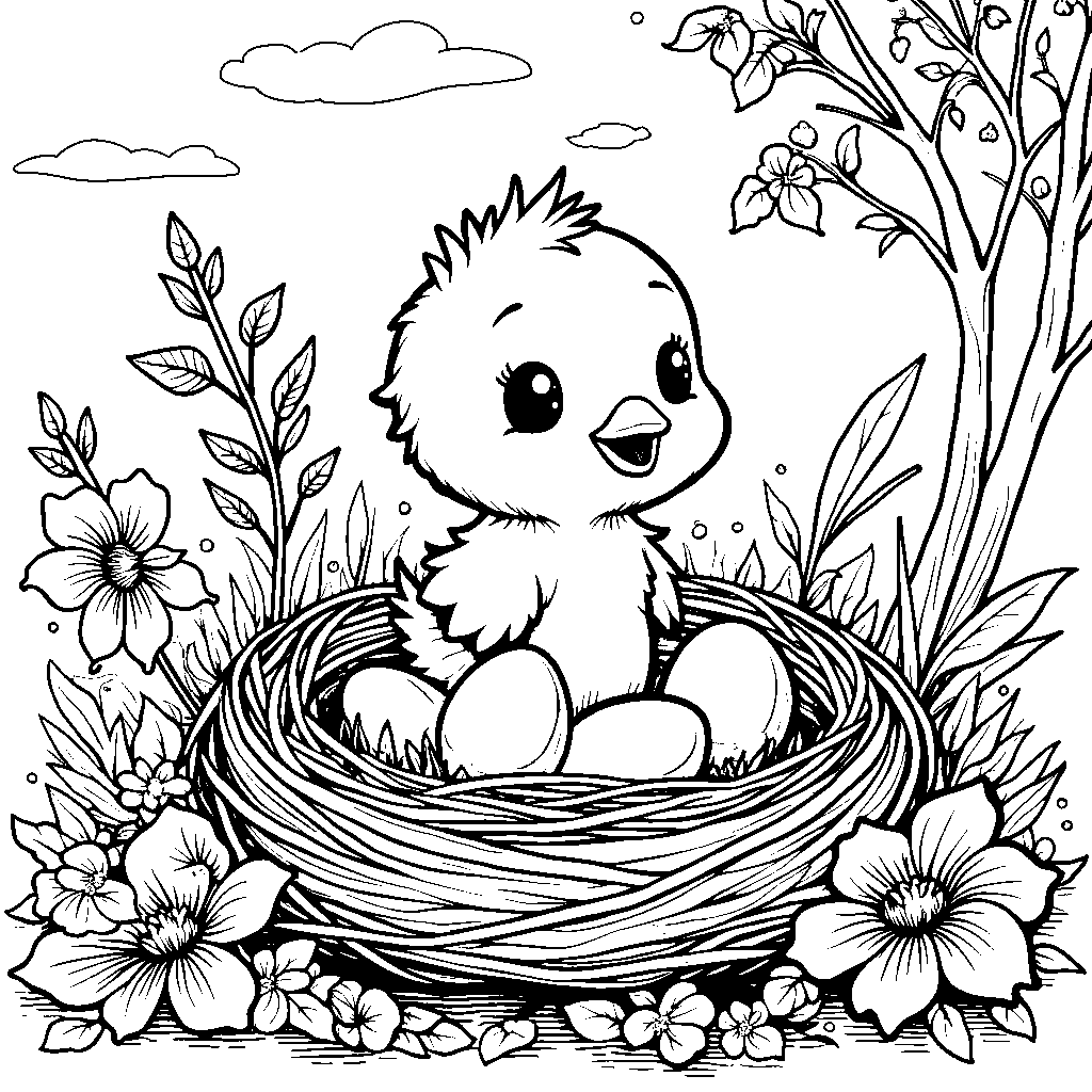 A baby chick hatching from an egg in a spring nest