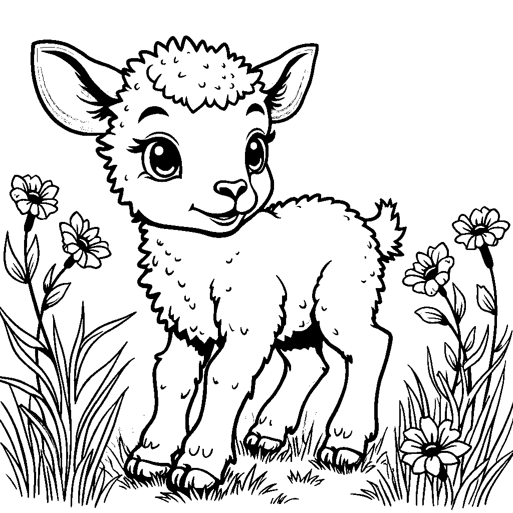 A baby lamb taking its first steps in a green meadow