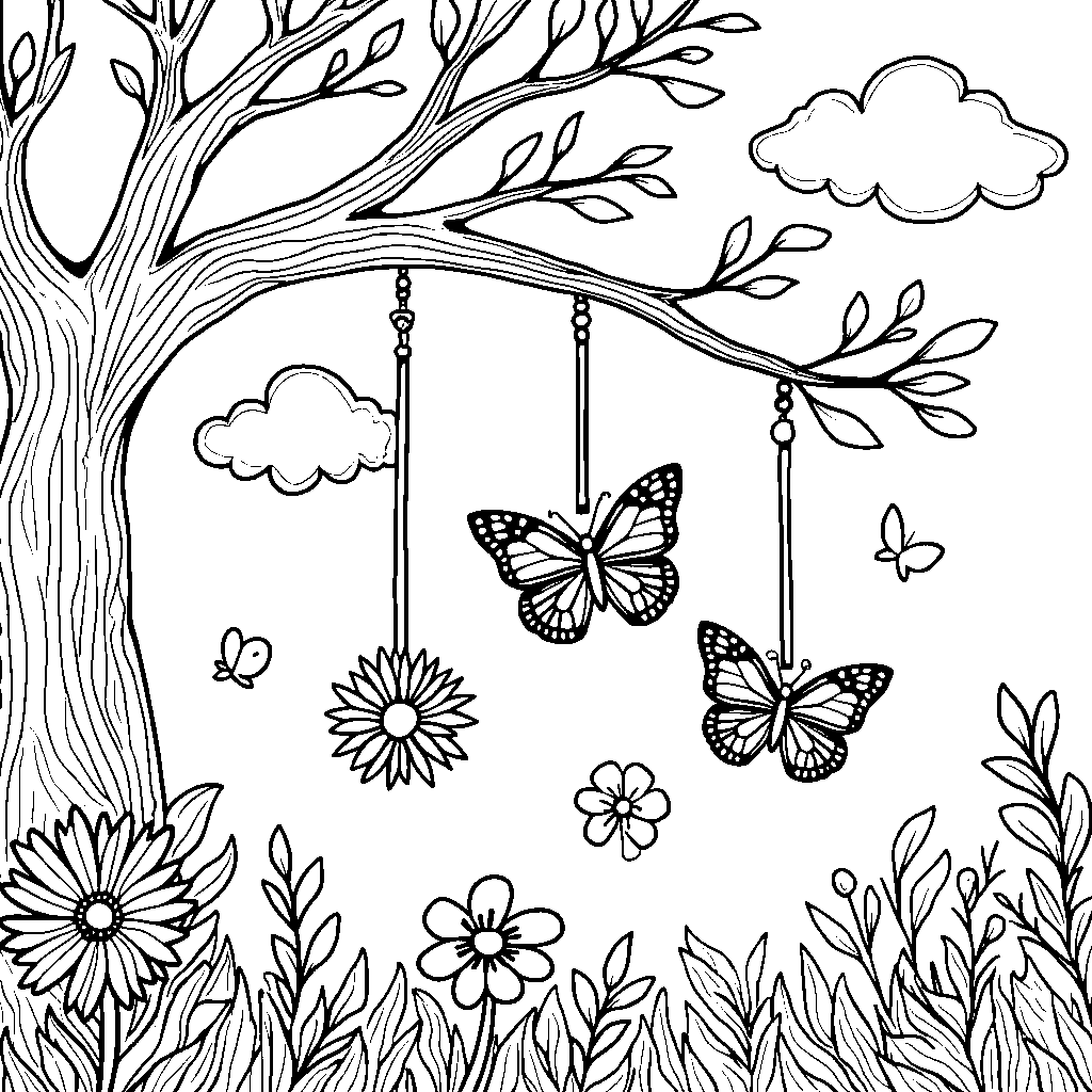 A colorful spring mobile hanging from a branch