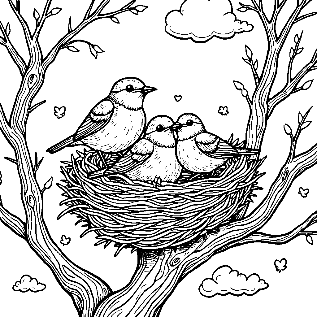 A family of robins building a nest in a spring tree