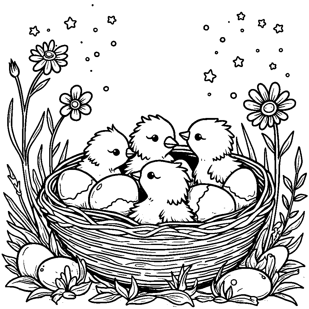 A group of baby chicks hatching from eggs in a spring nest