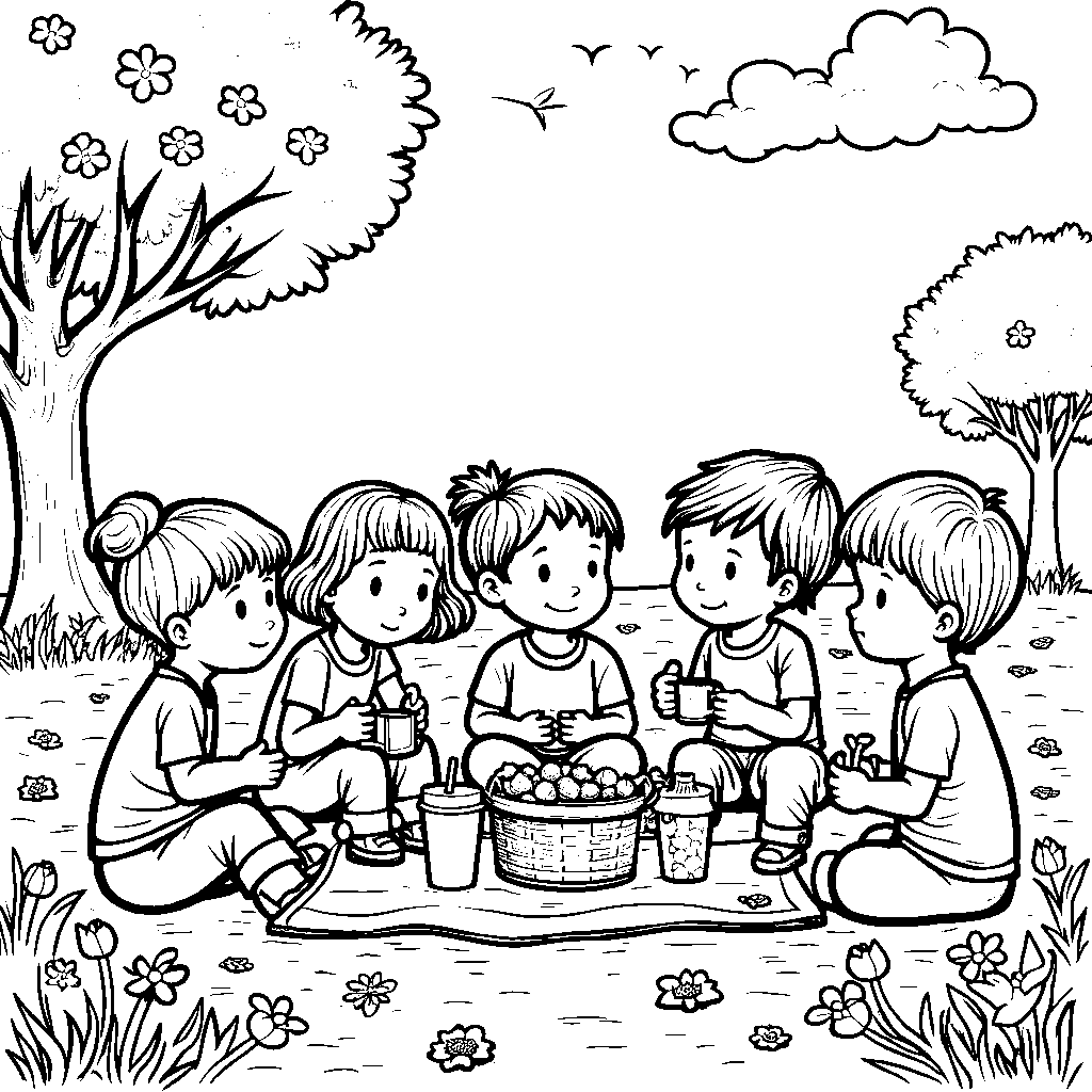 A group of kids having a spring picnic in a park