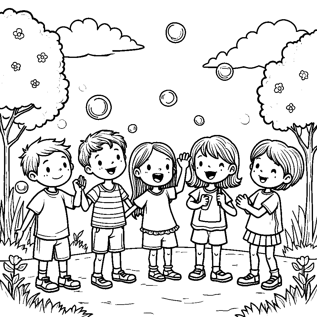 A group of kids playing with bubbles on a sunny spring day