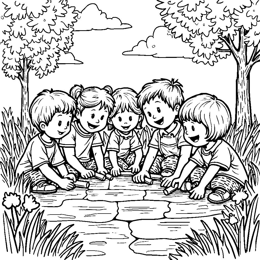 A group of kids playing with sidewalk chalk on a sunny spring day