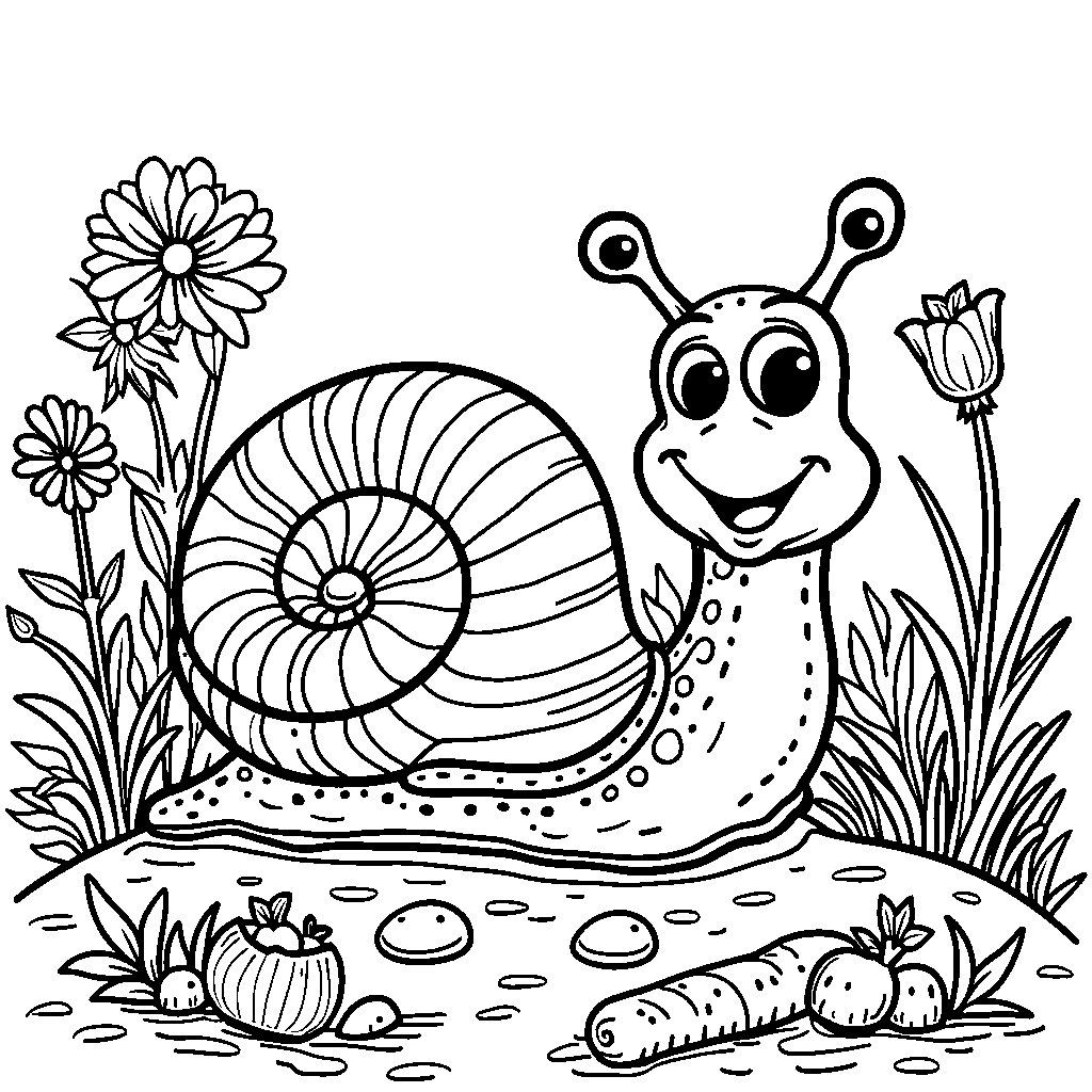 A happy snail making its way through a garden of spring veggies