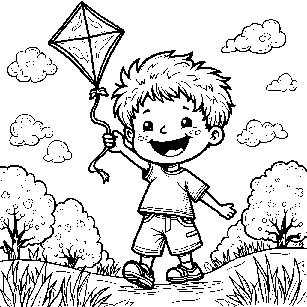 A little boy flying a kite on a windy spring day