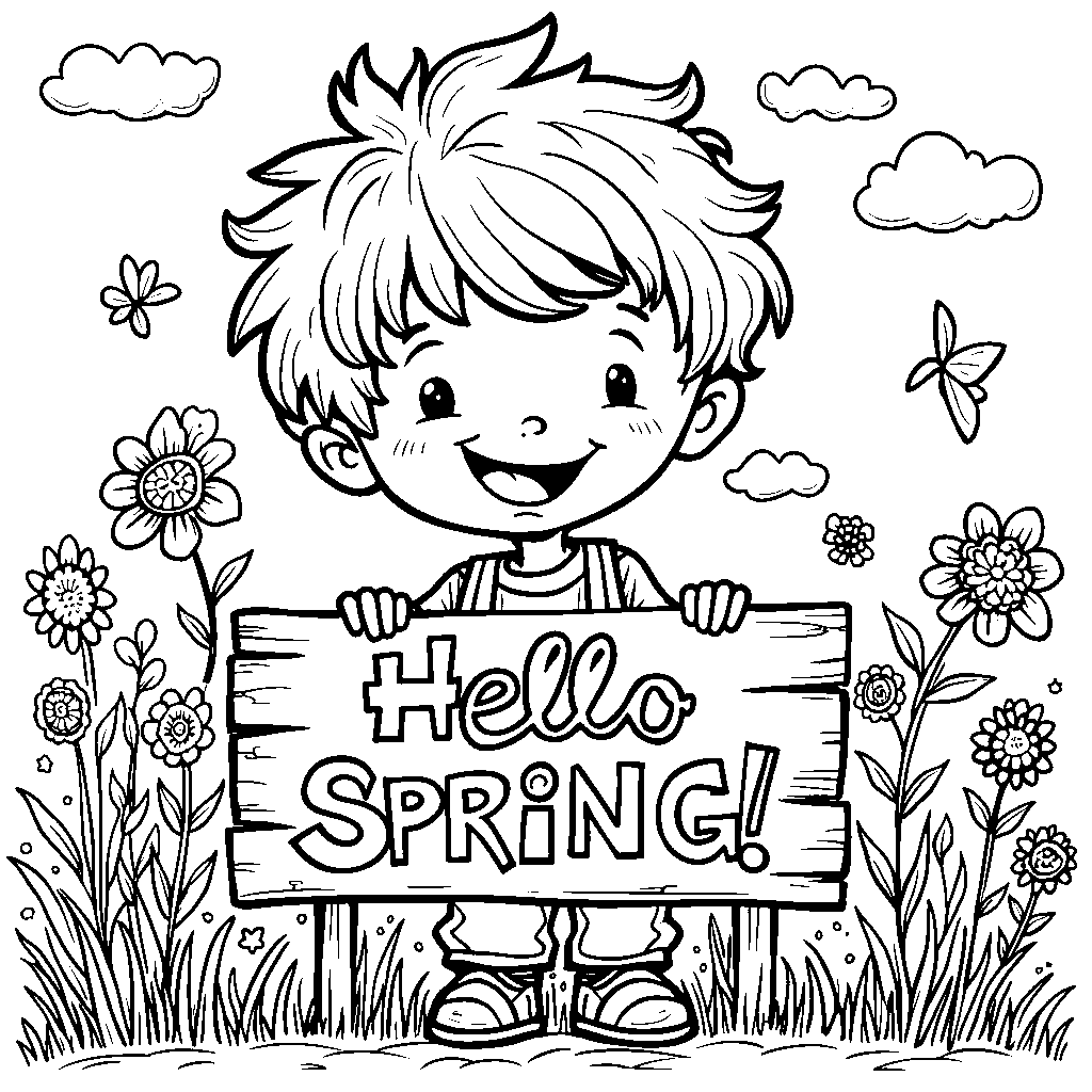 A little boy holding a spring-themed sign that says 'Hello, Spring!'