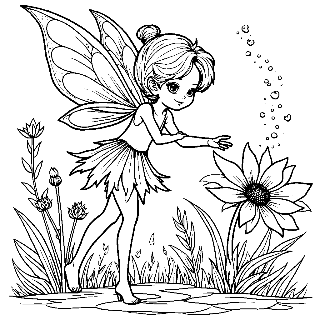 A spring fairy sprinkling magic dust on a blooming flower