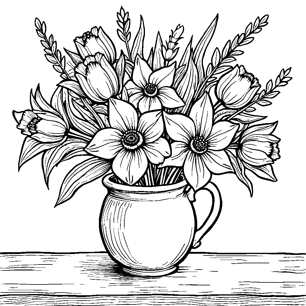 A vase filled with fresh-cut spring flowers on a sunny table