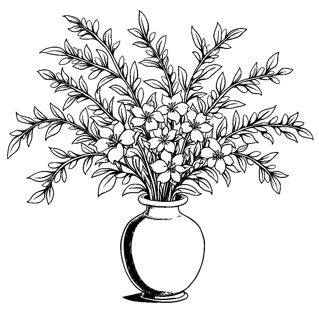 A vase filled with spring branches and decorated with ribbons