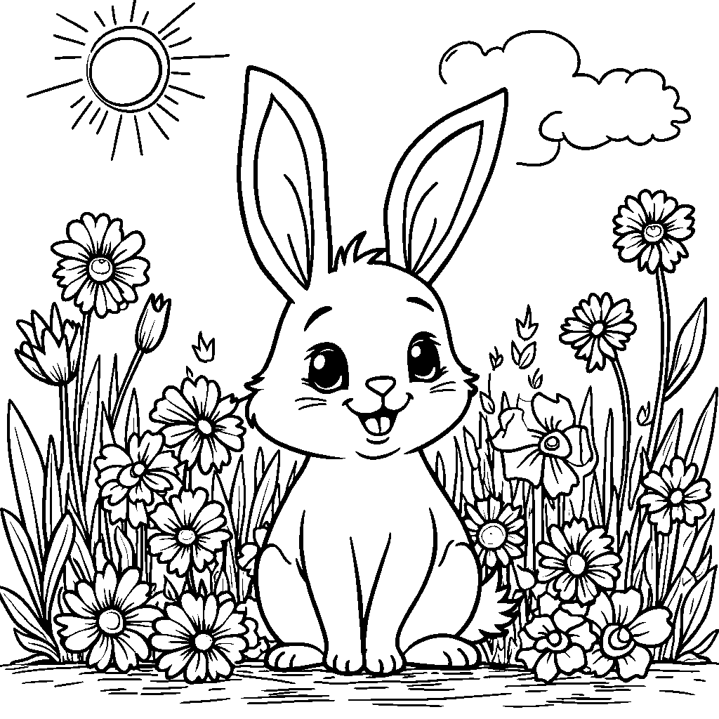 Rabbit in a garden surrounded by blooming flowers