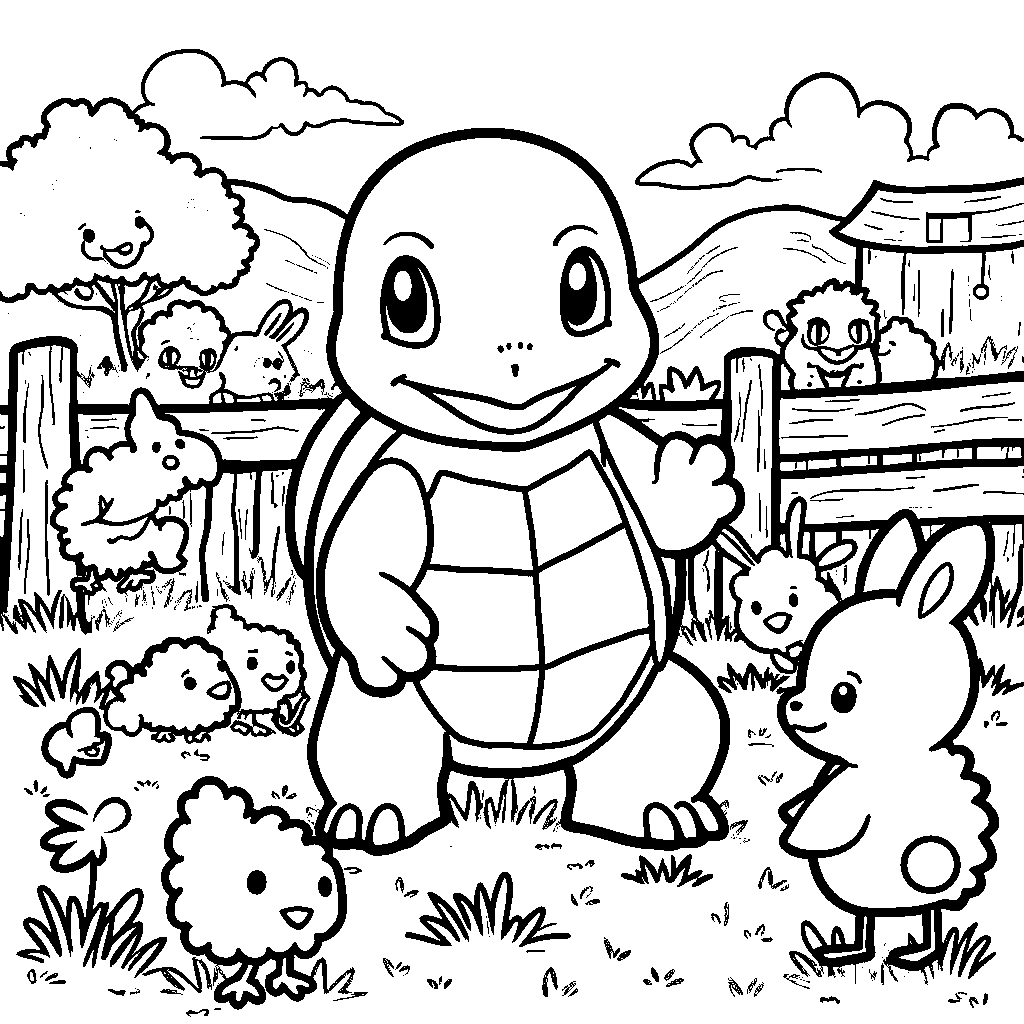 Squirtle at a farm surrounded by cute animals