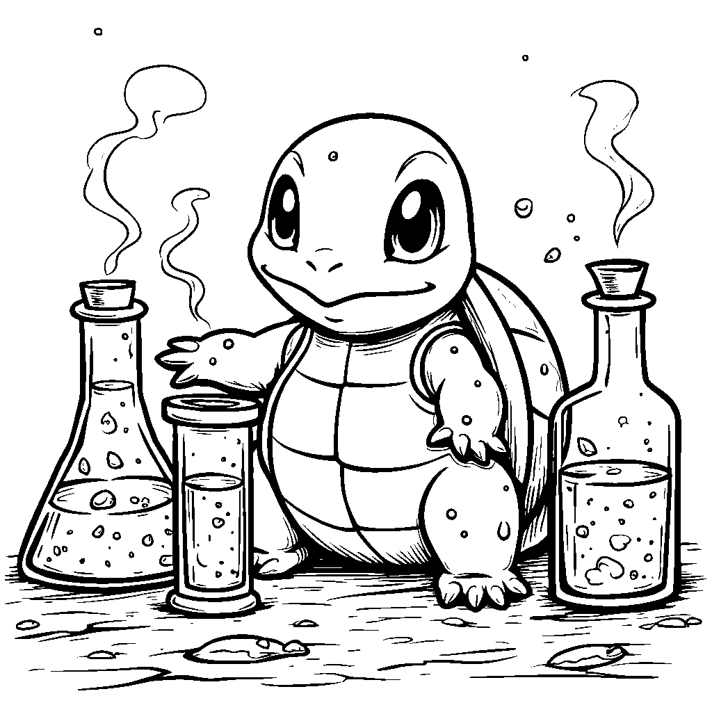 Squirtle at a science fair demonstrating a fun experiment