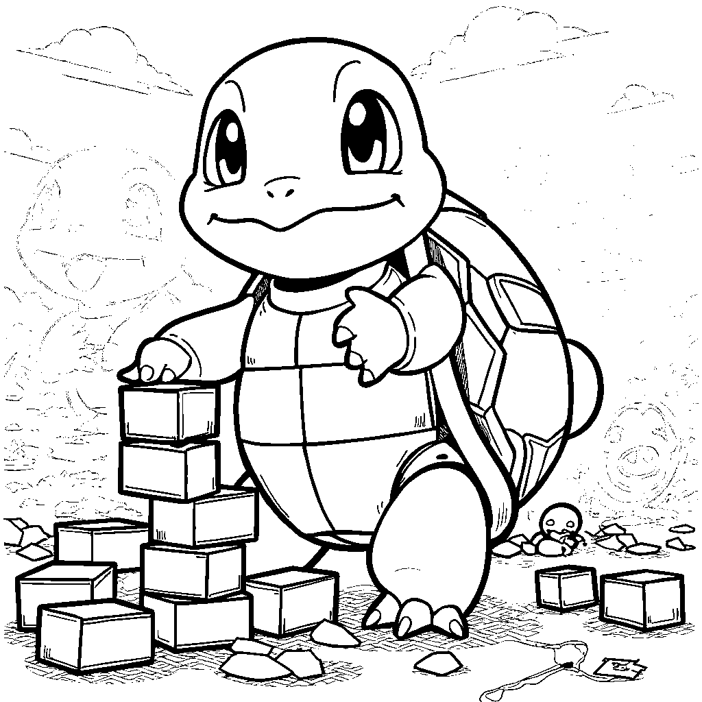 Squirtle building a robot with blocks