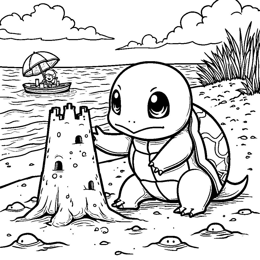 Squirtle building a sandcastle at the beach