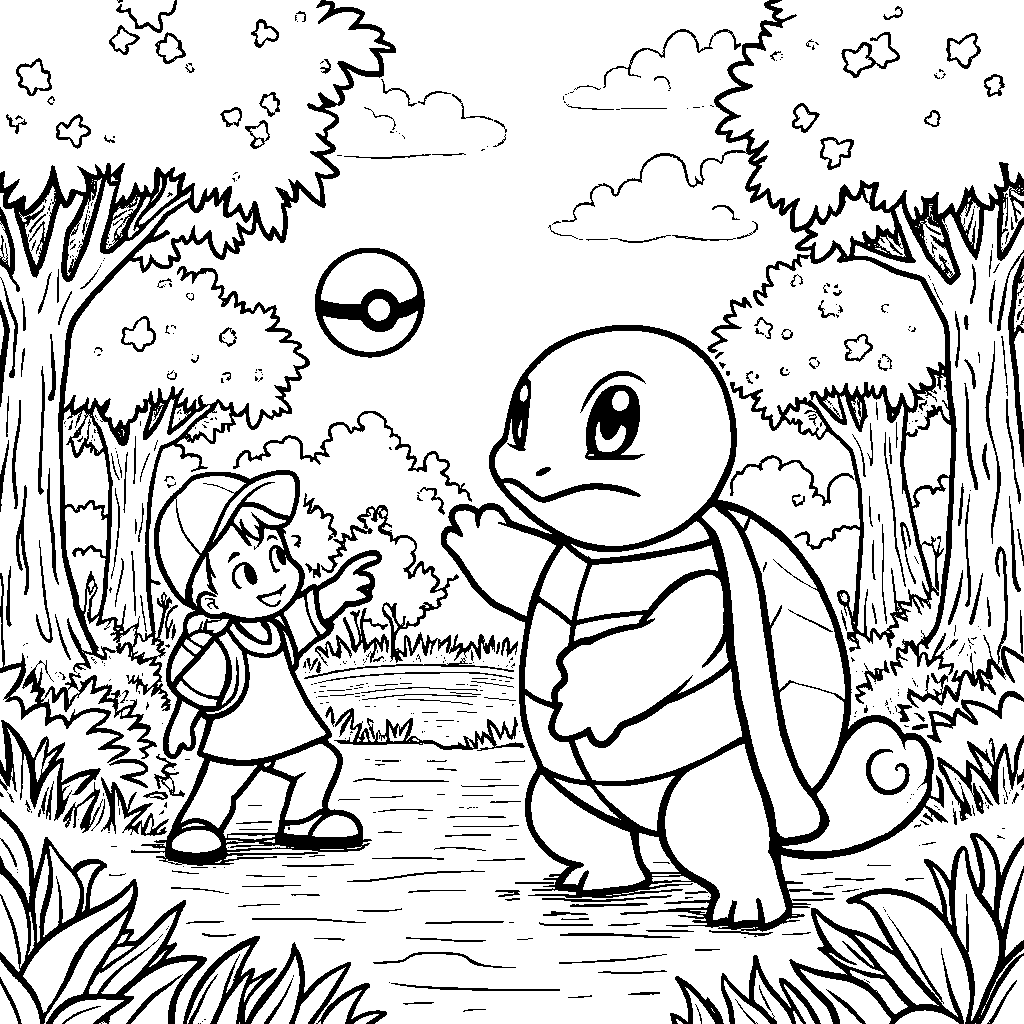 Squirtle catching a Pokéball in a lively park