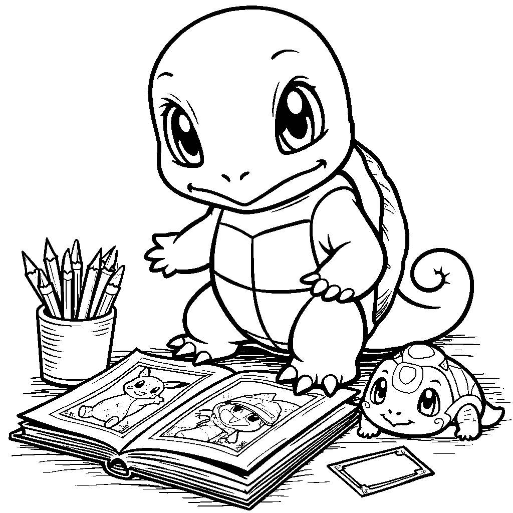 Squirtle creating a scrapbook with its favorite memories