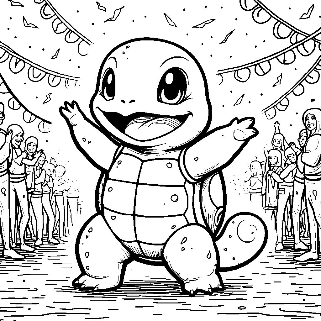 Squirtle dancing at a music festival with colorful lights