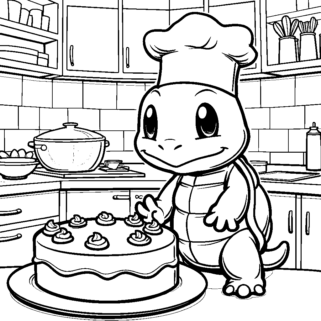 Squirtle dressed as a chef baking a big cake