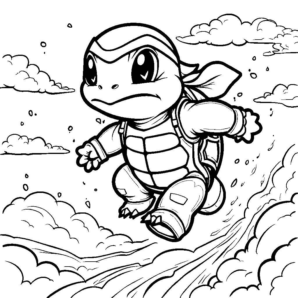 Squirtle dressed as a superhero flying through the sky