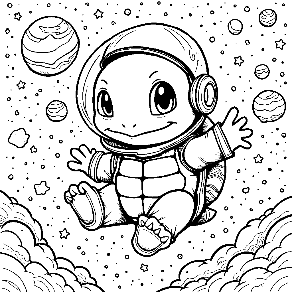 Squirtle dressed as an astronaut floating in space