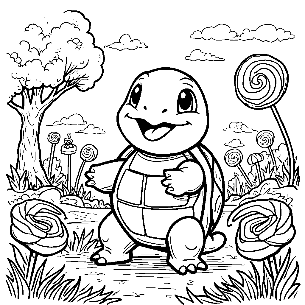 Squirtle exploring a candy land filled with sweets