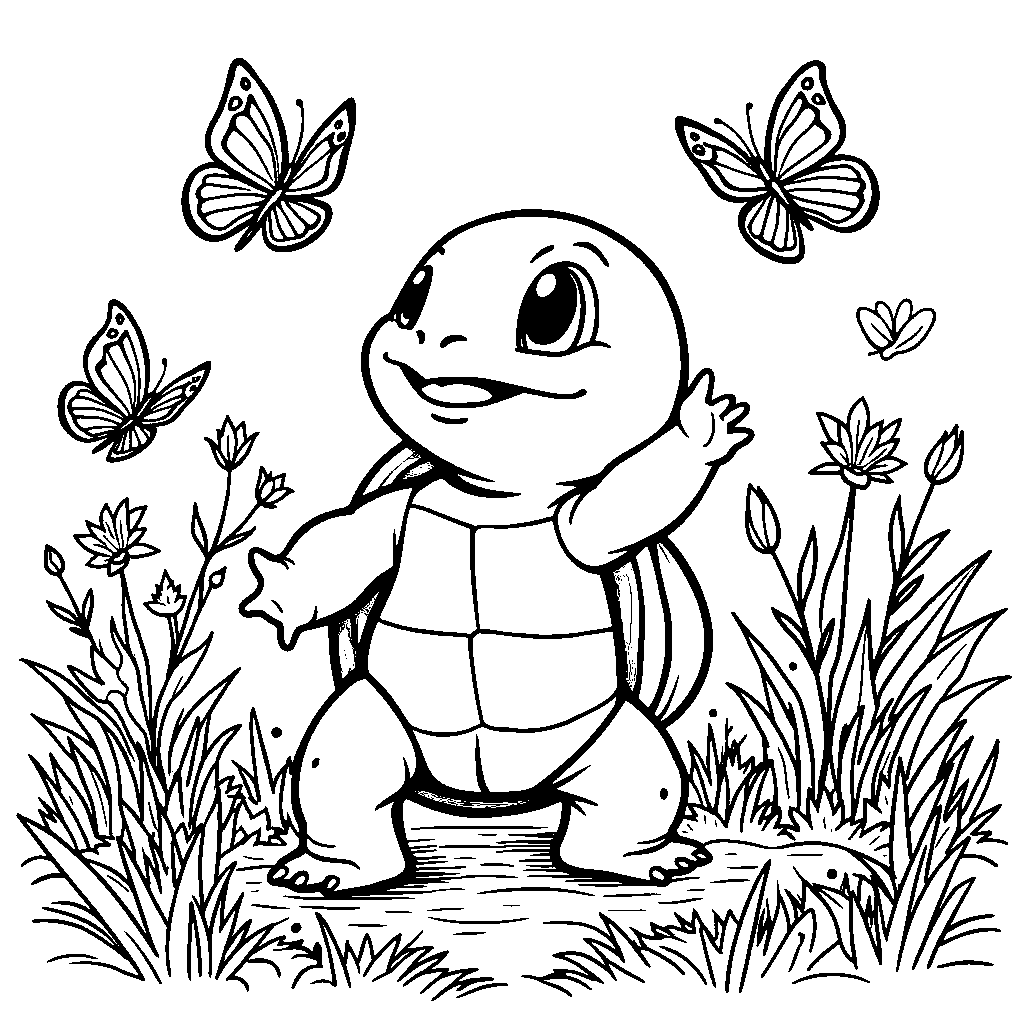 Squirtle exploring a flower garden filled with butterflies