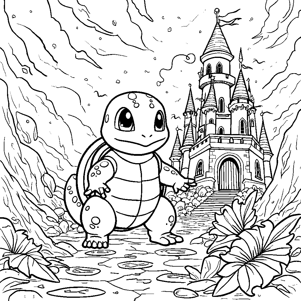 Squirtle exploring a magical castle filled with treasures