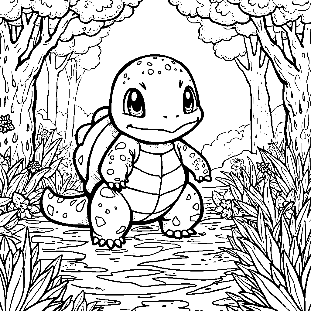 Squirtle exploring a mystical forest with magical creatures