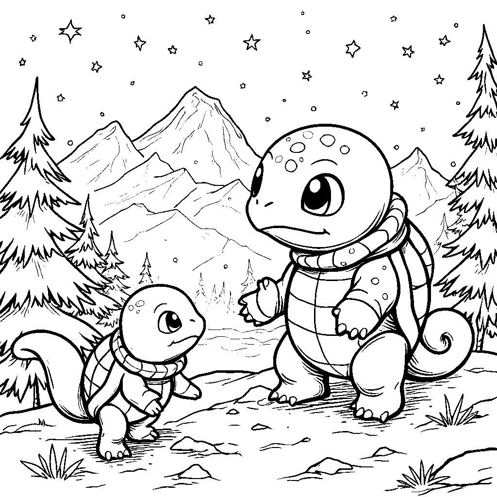 Squirtle exploring a snowy mountain landscape