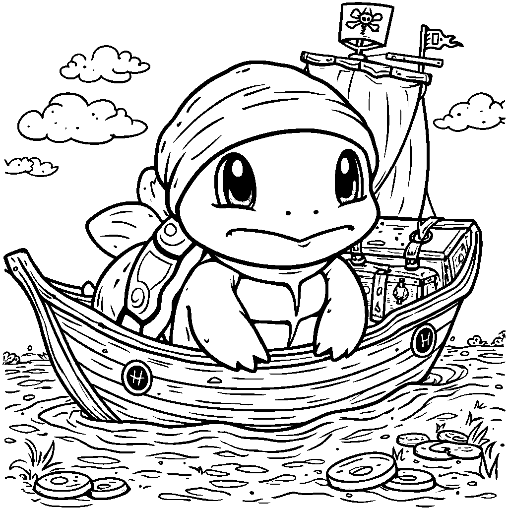 Squirtle finding treasure on a pirate ship