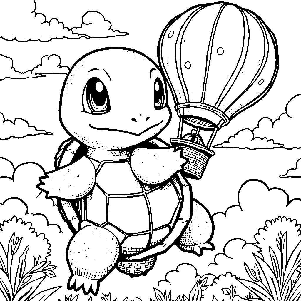 Squirtle flying a colorful hot air balloon in the sky