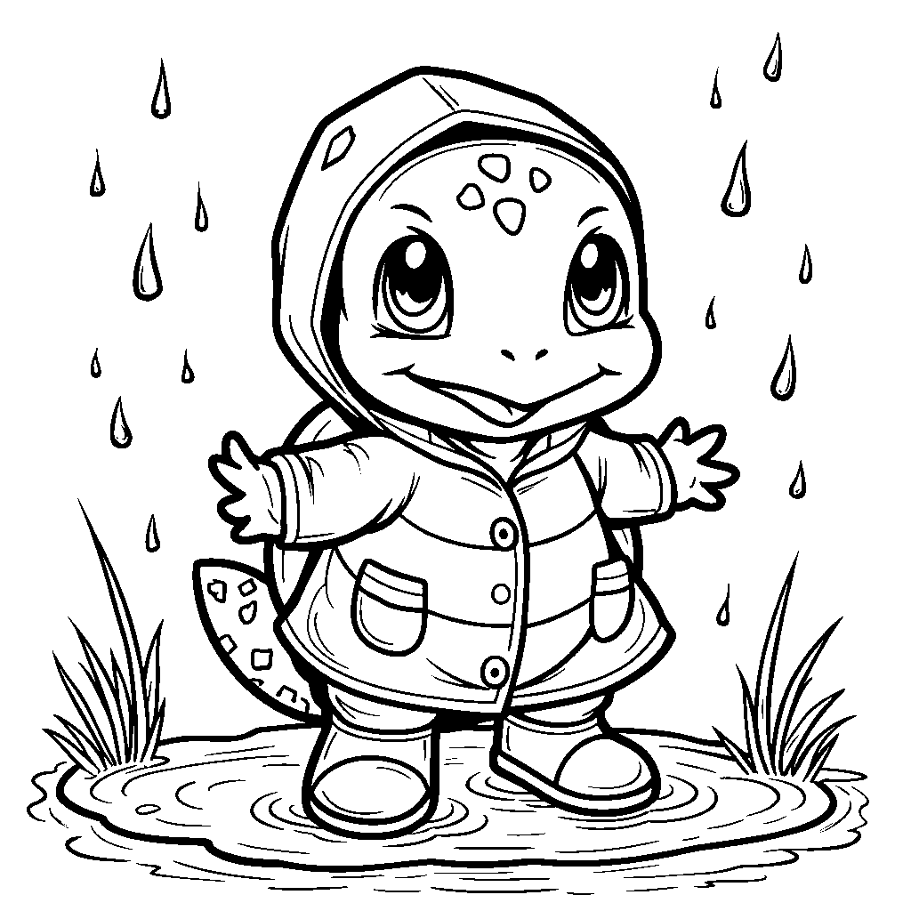 Squirtle having a fun rainy day splashing in puddles