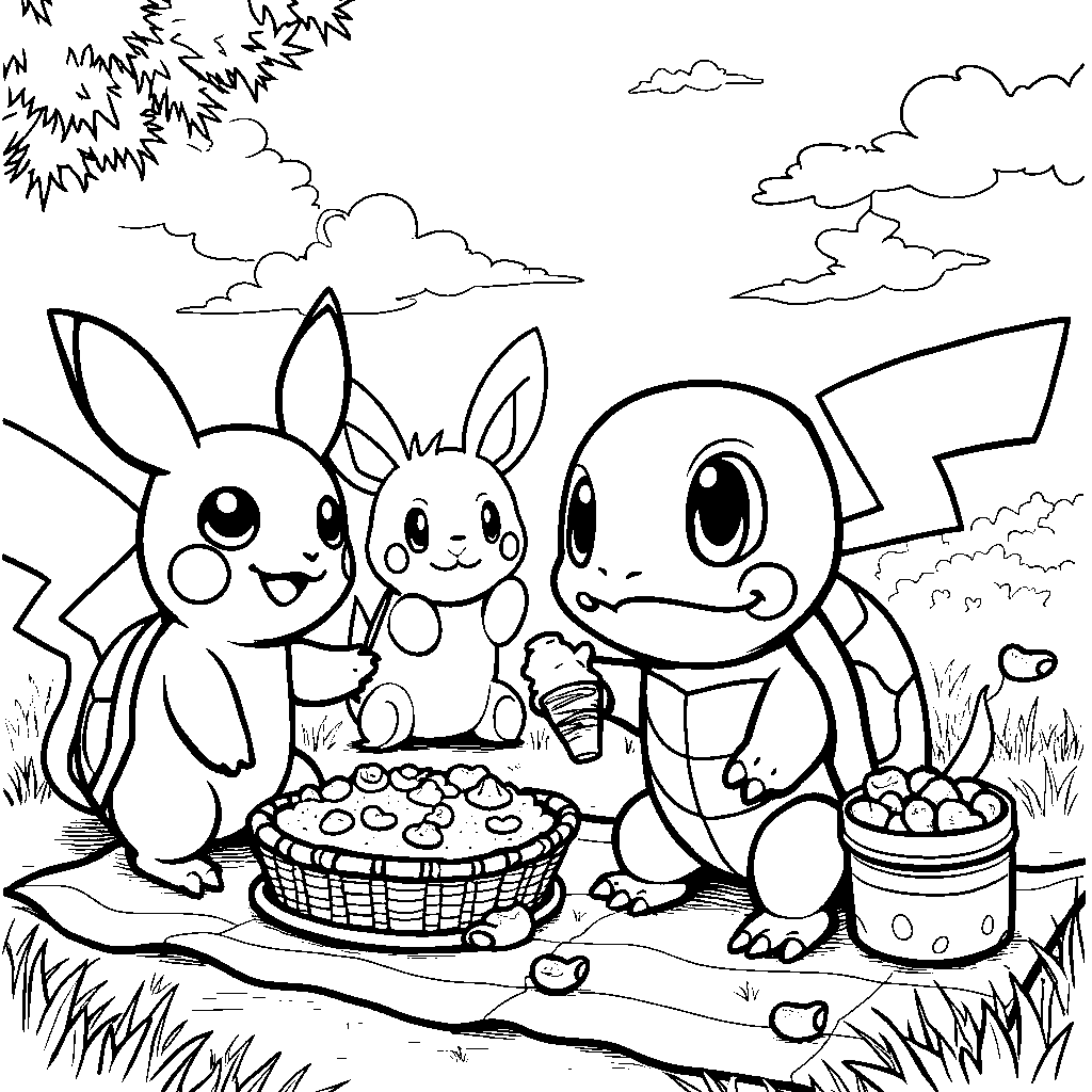 Squirtle having a picnic with Pokémon friends