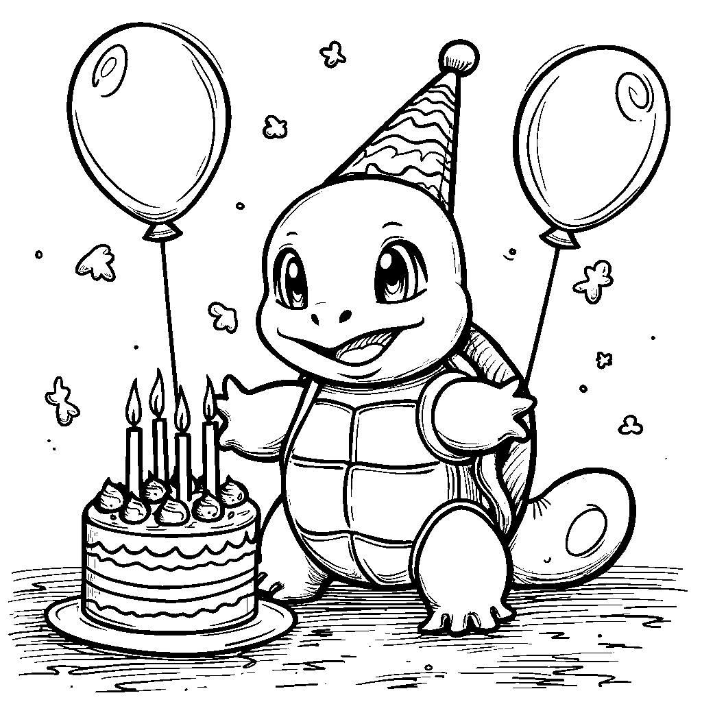 Squirtle having fun at a birthday party with cake and balloons