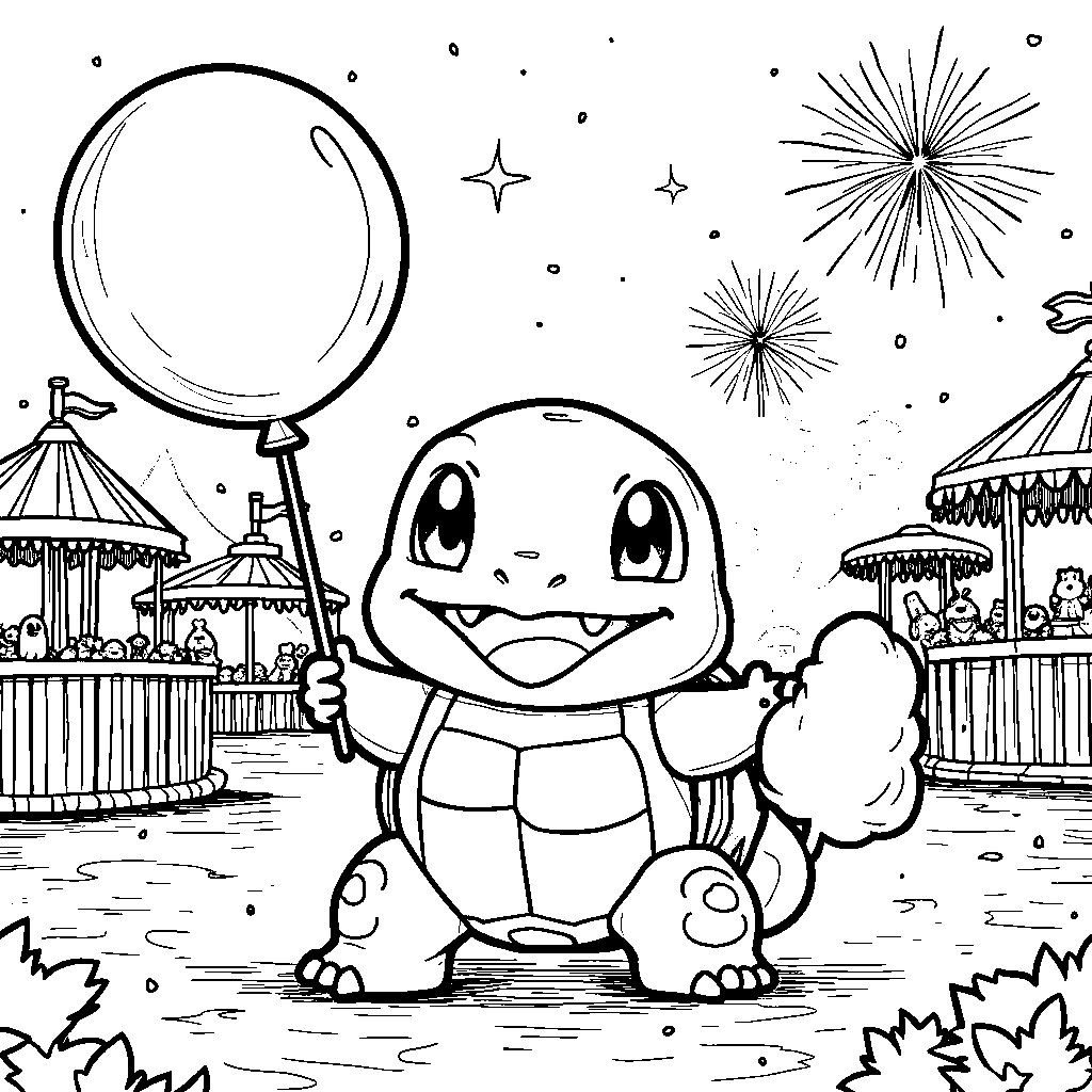 Squirtle having fun at a carnival with balloons and cotton candy