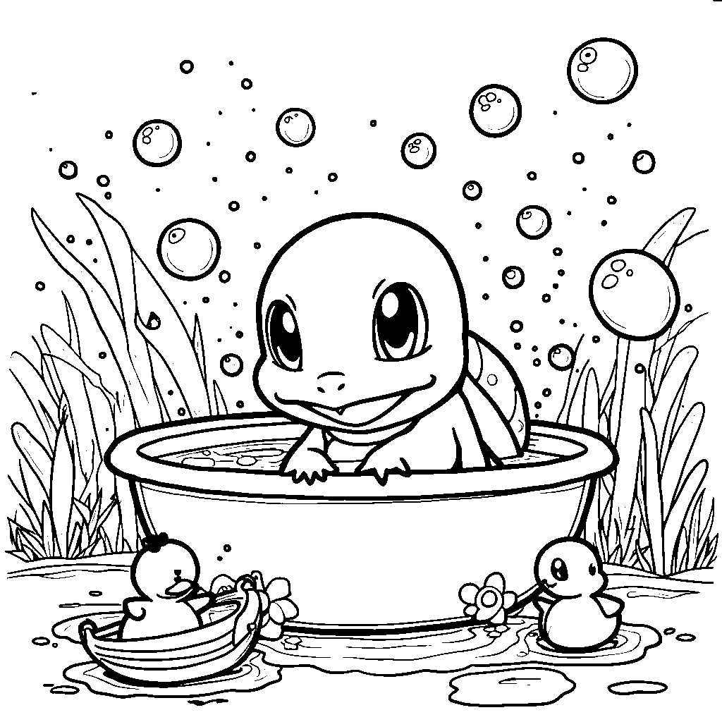 Squirtle having fun in a bubble bath with toys