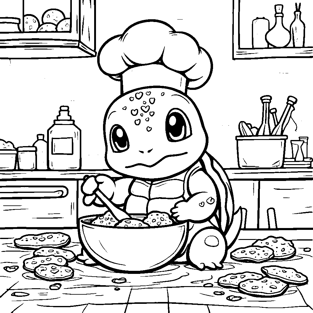 Squirtle helping to bake cookies in a cute kitchen