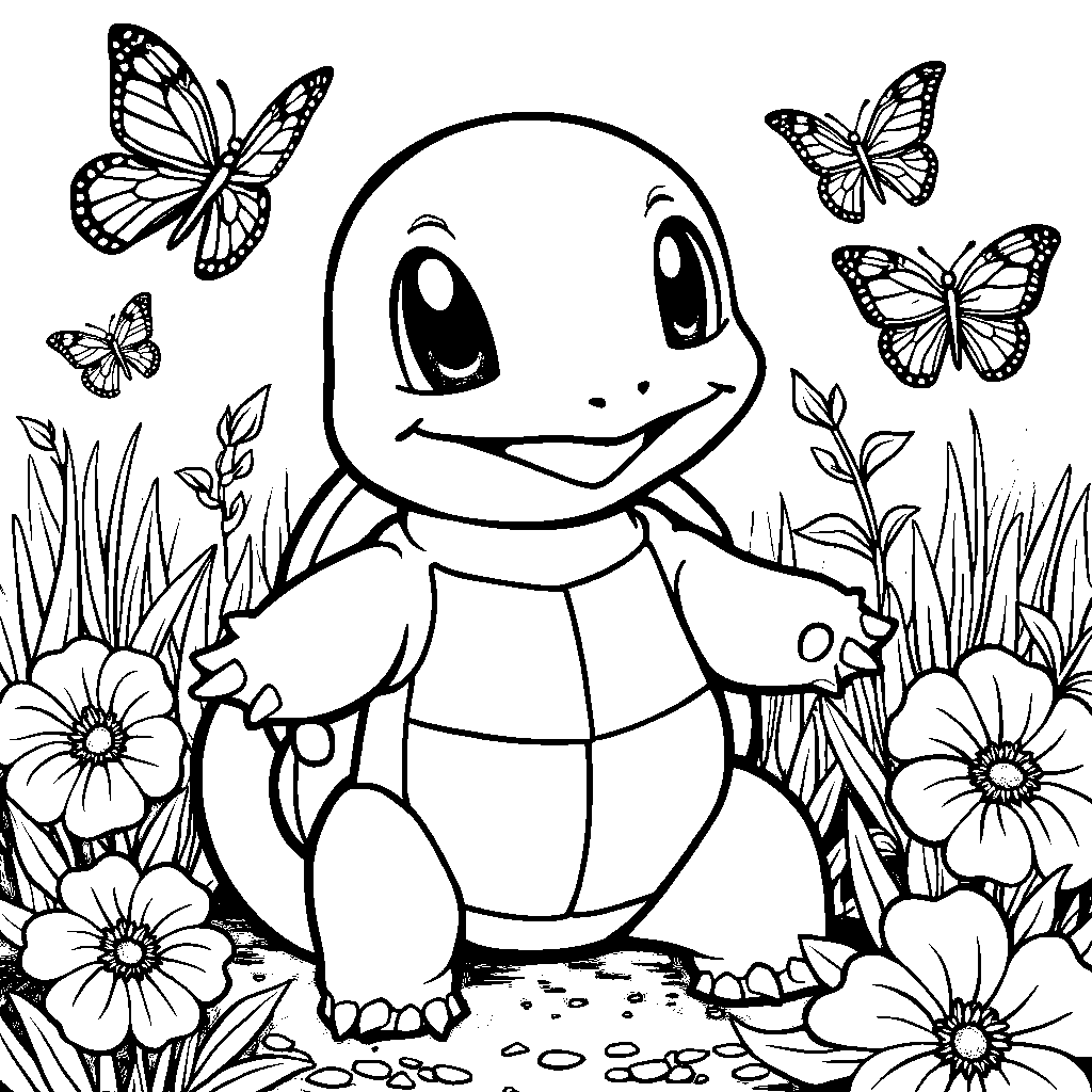 Squirtle in a beautiful butterfly garden