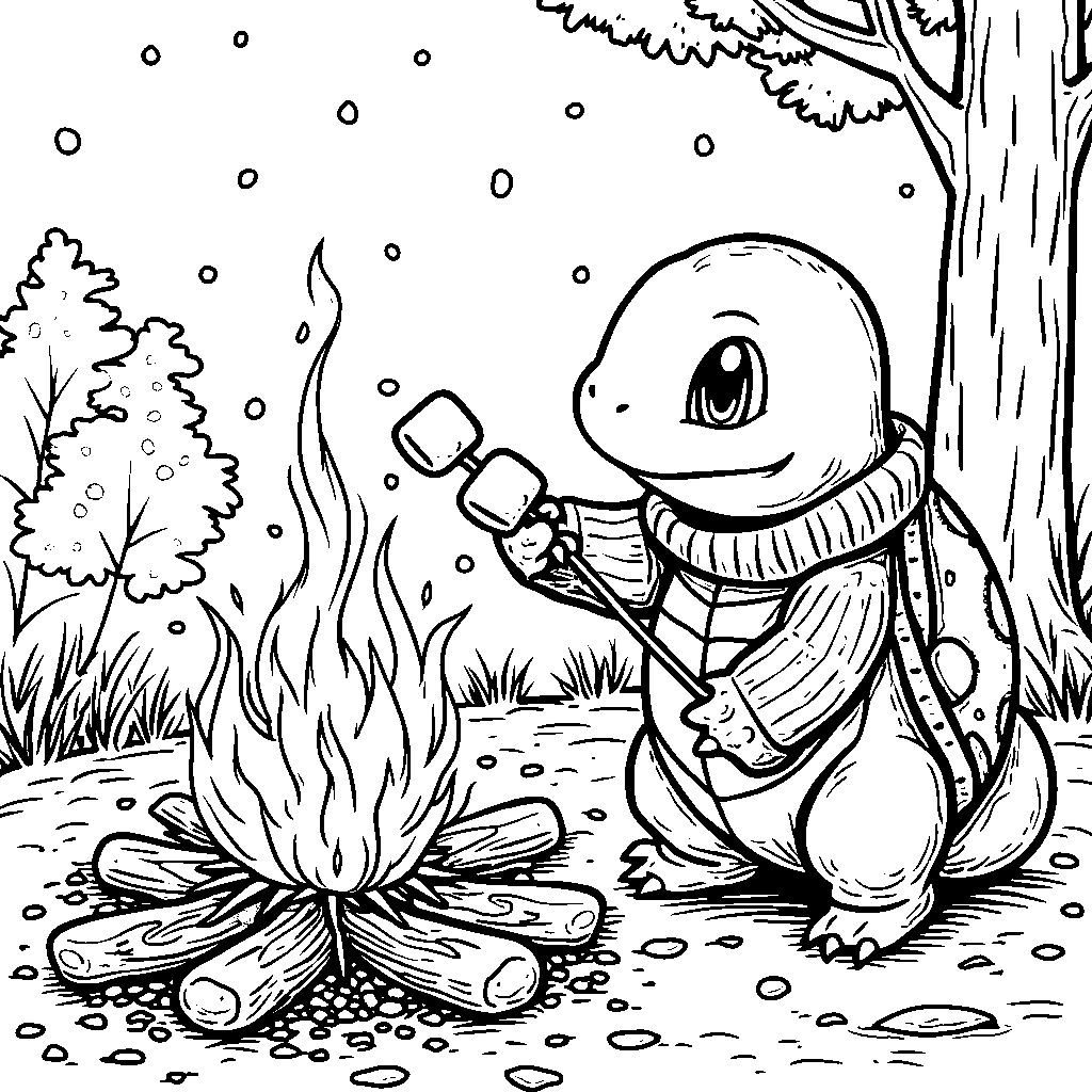 Squirtle in a cozy sweater roasting marshmallows by a fire