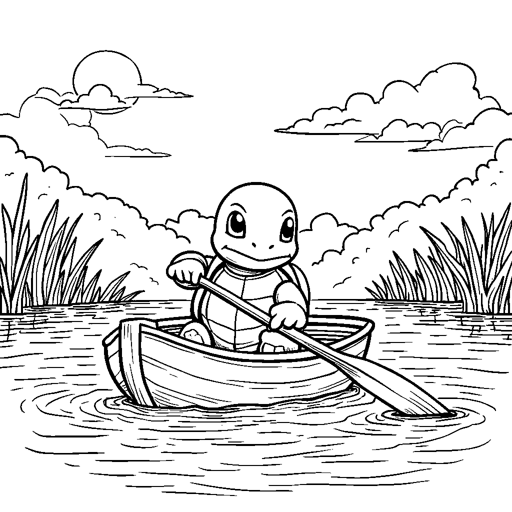 Squirtle in a cute boat rowing across a calm lake