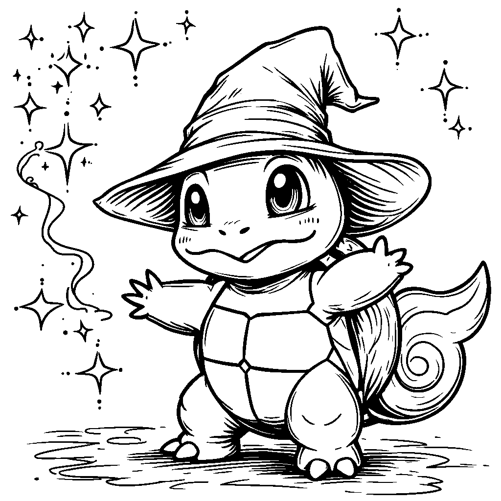 Squirtle in a wizard hat casting a magical spell