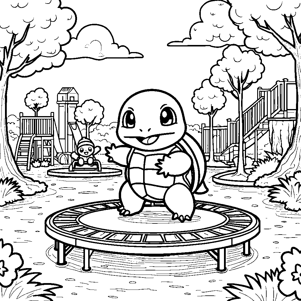 Squirtle jumping on a trampoline in a playground